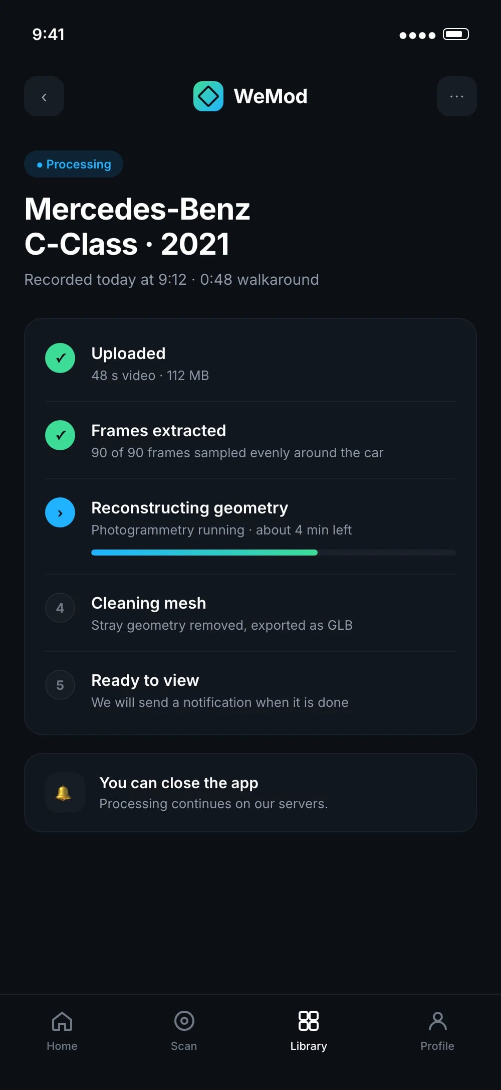 WeMod processing screen showing upload, frame extraction and reconstruction steps