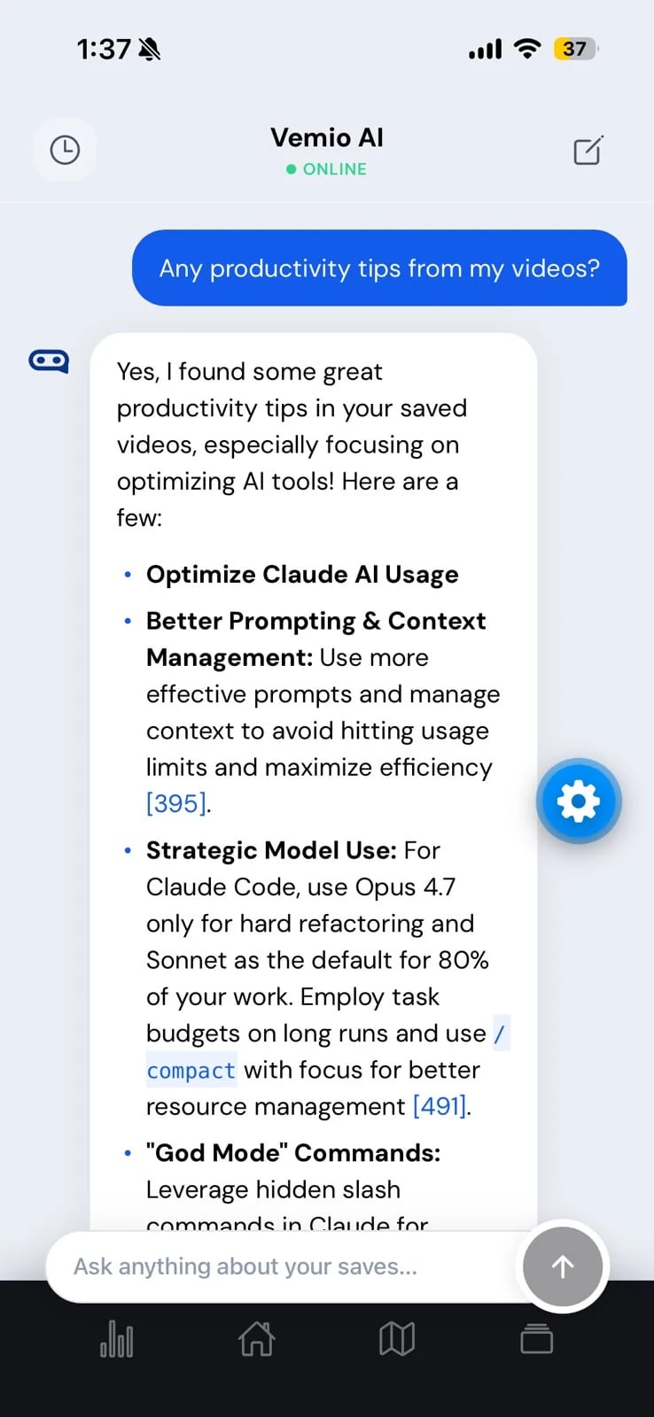 Vemio AI chat answering a question with citations to saved videos