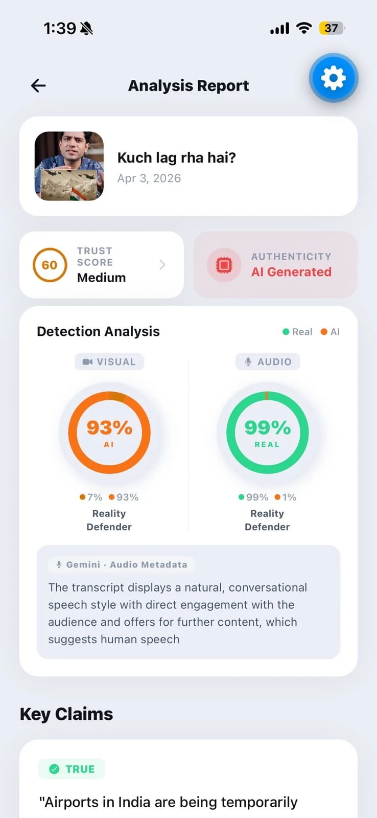 Vemio analysis report flagging a video as AI generated