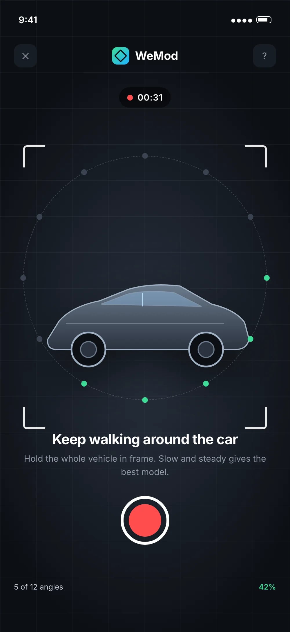 WeMod capture screen guiding a walkaround of a car with an orbit progress ring