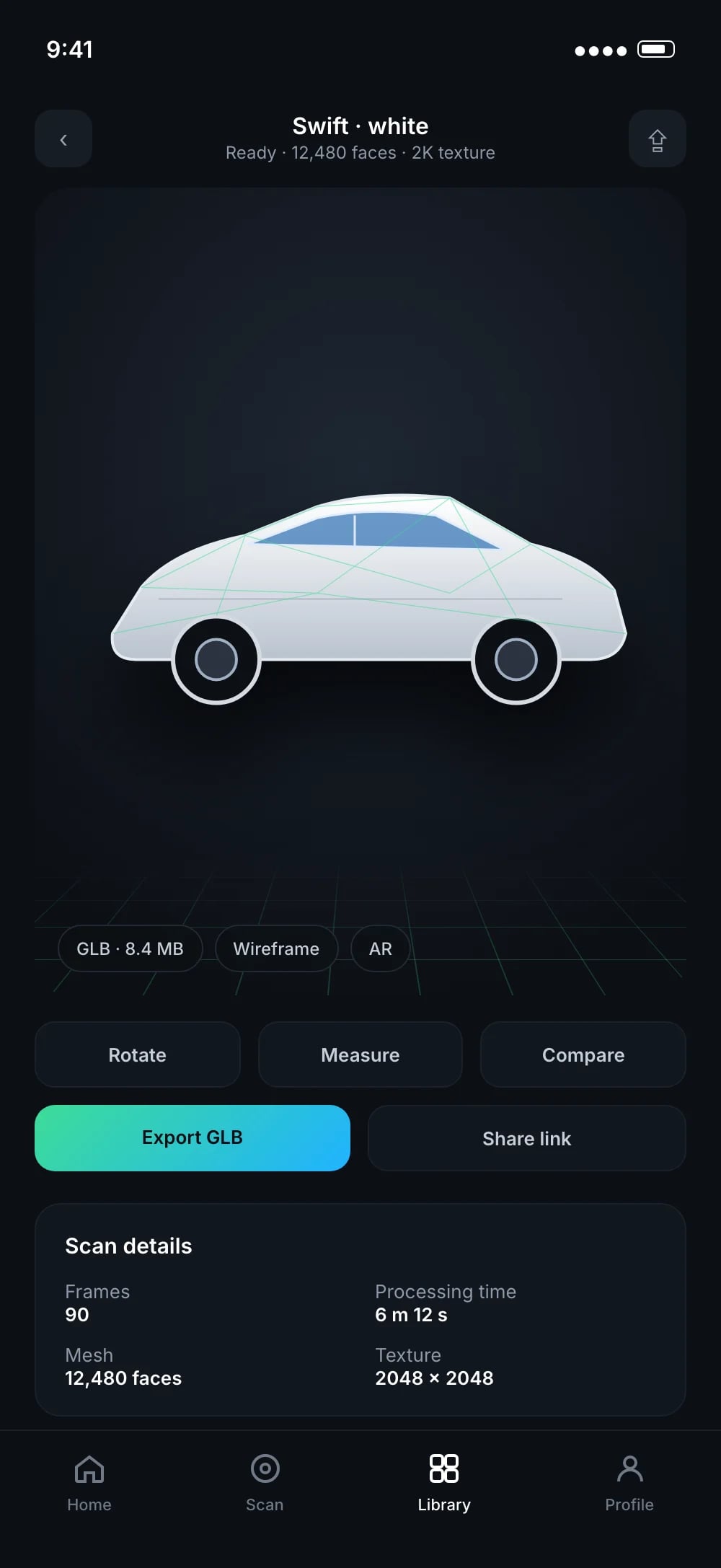 WeMod 3D viewer showing a reconstructed car model with export options